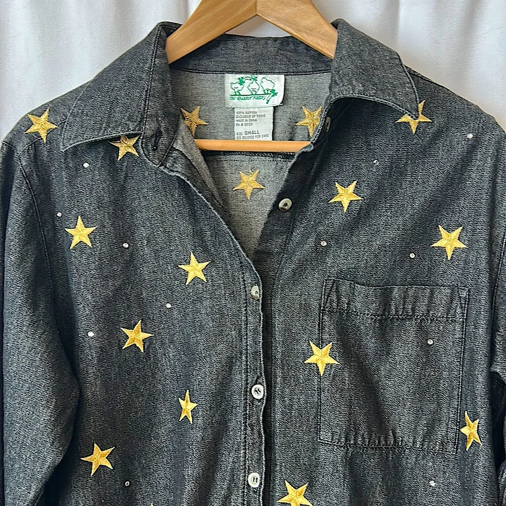 The Quaker Factory Black Stars and Rhinestones Button Down Shirt Top **Size S** - Picture 3 of 4